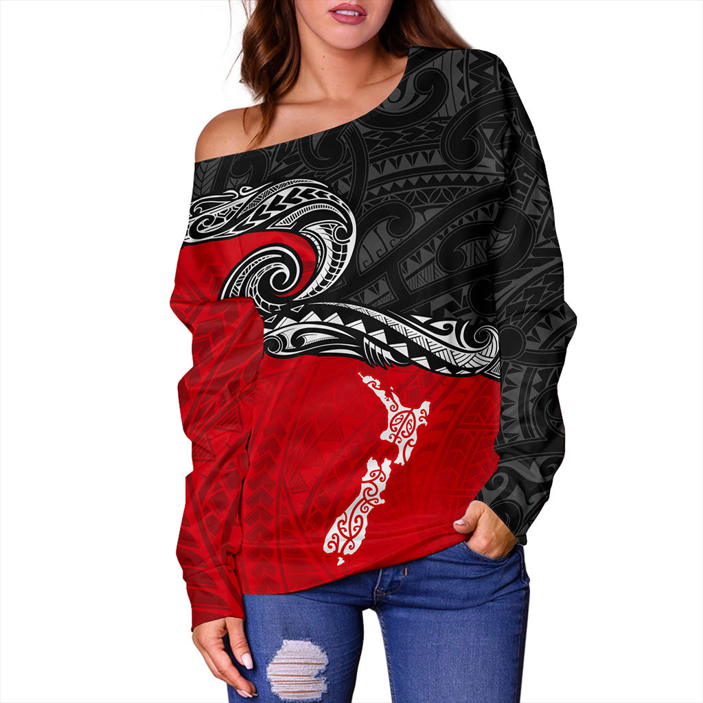 New Zealand Off Shoulder Sweatshirt Maori Tribal Design Flag With Map