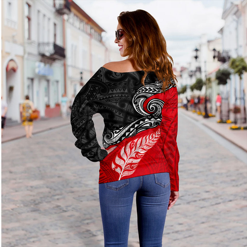 New Zealand Off Shoulder Sweatshirt Maori Tribal Design Flag With Silver Fern