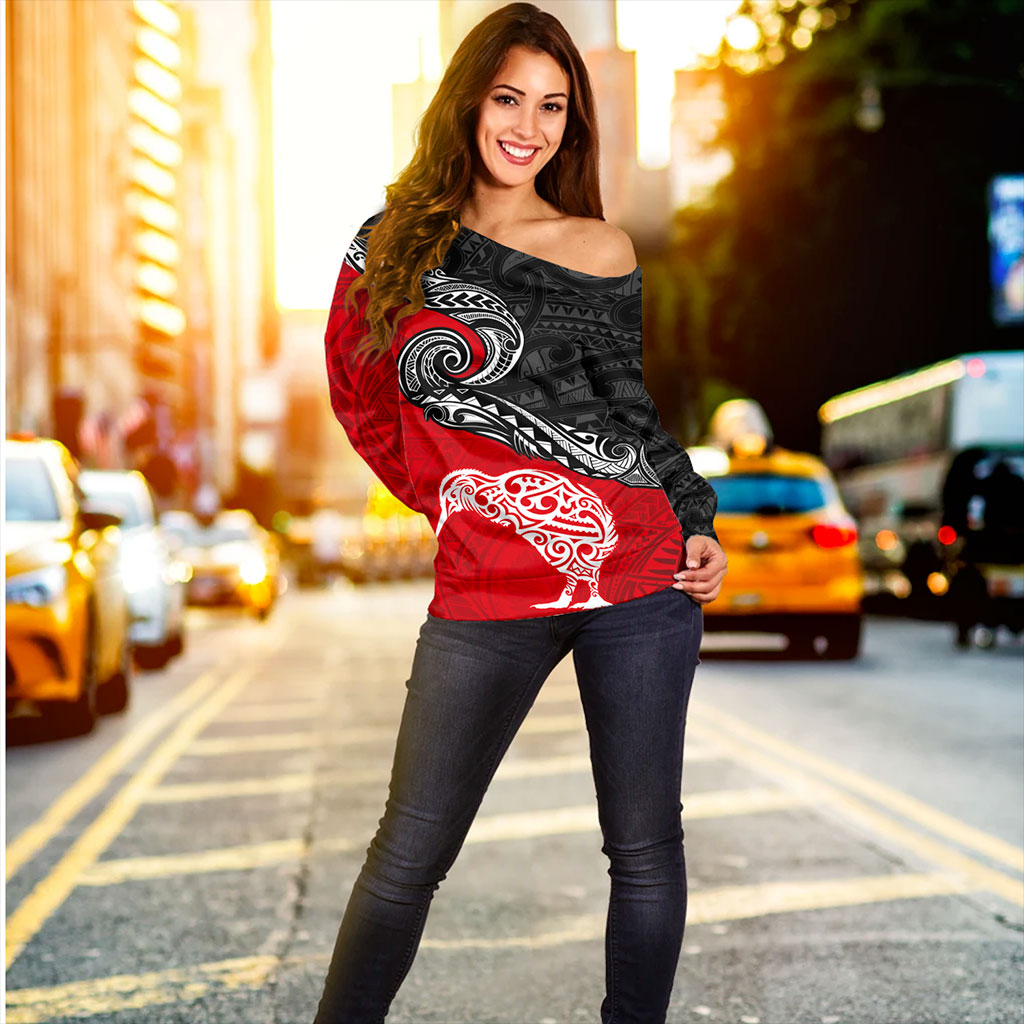 New Zealand Off Shoulder Sweatshirt Maori Tribal Design Flag With Kiwi Bird