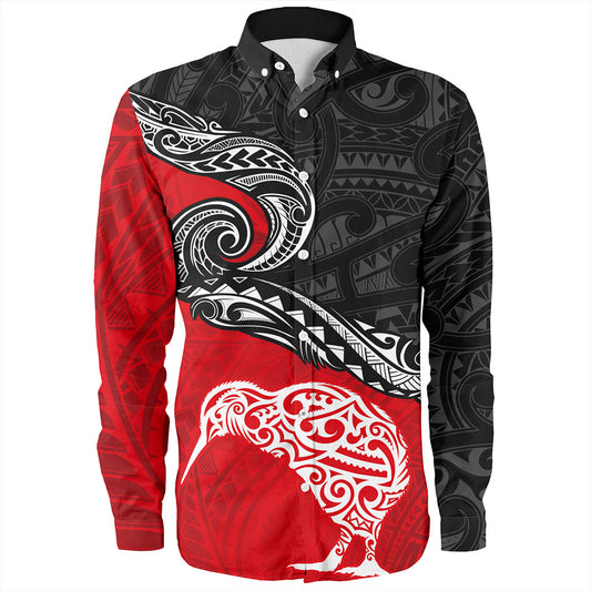 New Zealand Long Sleeve Shirt Maori Tribal Design Flag With Kiwi Bird