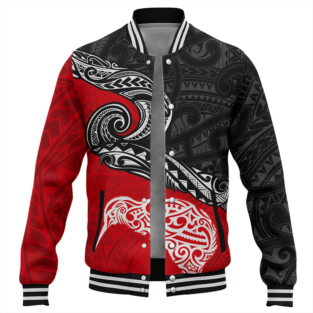 New Zealand Baseball Jacket Maori Tribal Design Flag With Kiwi Bird