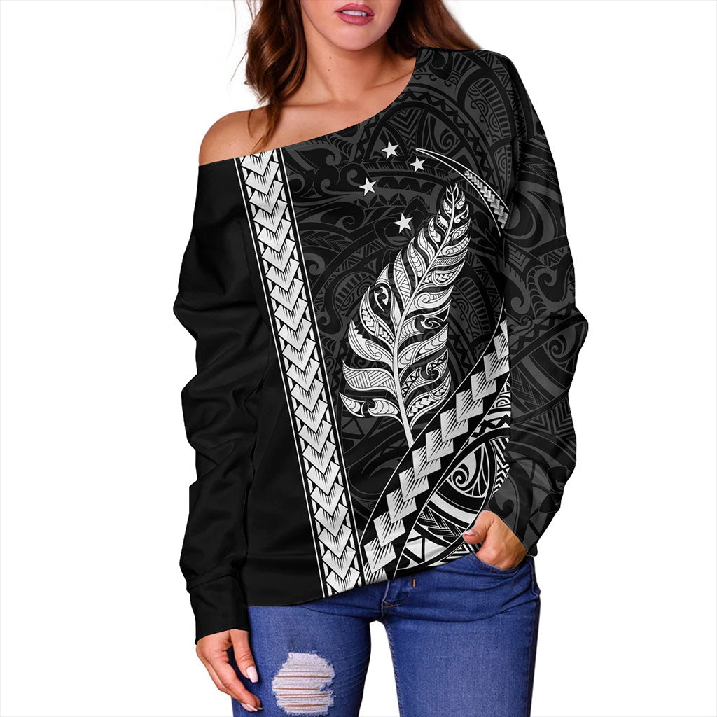 New Zealand Off Shoulder Sweatshirt Maori Tribal Silver Fern With Star Tattoo