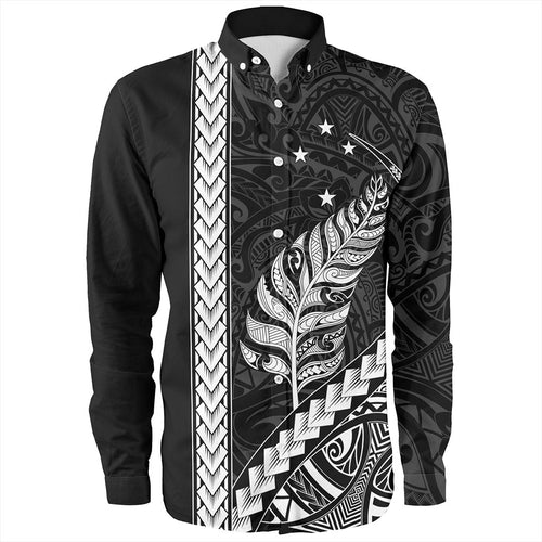 New Zealand Long Sleeve Shirt Maori Tribal Silver Fern With Star Tattoo
