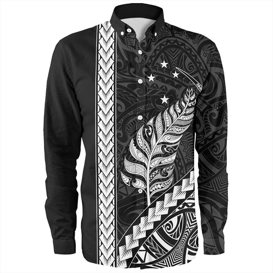 New Zealand Long Sleeve Shirt Maori Tribal Silver Fern With Star Tattoo