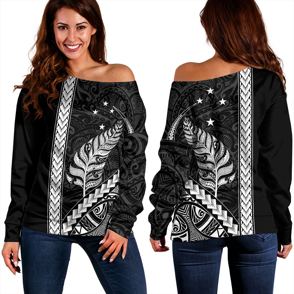 New Zealand Off Shoulder Sweatshirt Maori Tribal Silver Fern With Star Tattoo