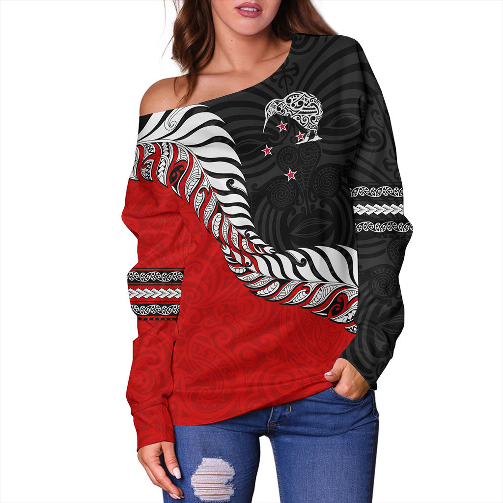 New Zealand Off Shoulder Sweatshirt Silver Fern Maori Tribal Style