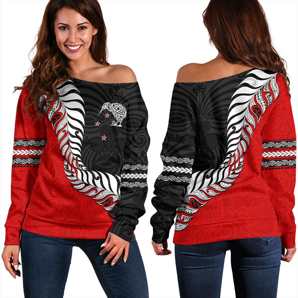 New Zealand Off Shoulder Sweatshirt Silver Fern Maori Tribal Style