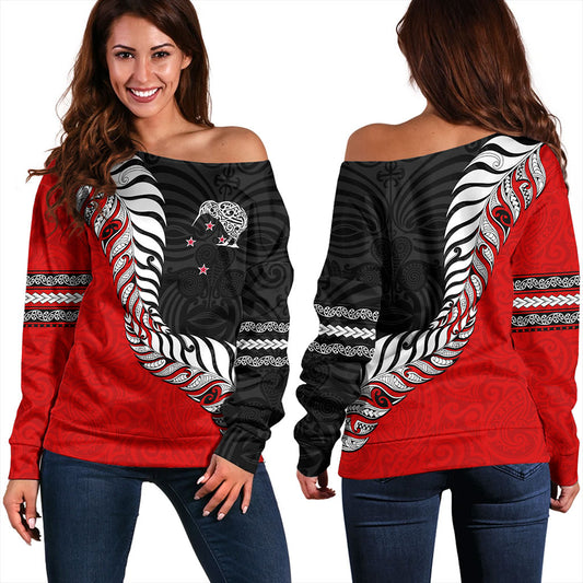 New Zealand Off Shoulder Sweatshirt Silver Fern Maori Tribal Style