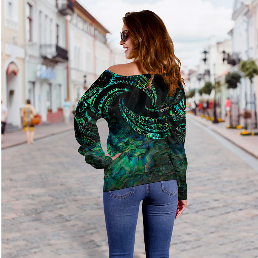 New Zealand Off Shoulder Sweatshirt Tribal Wave Papua Shell With Map