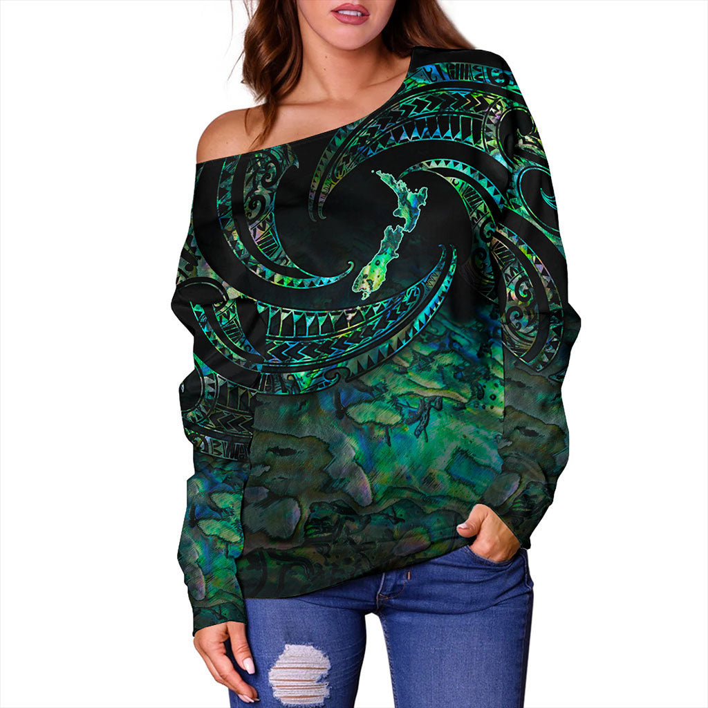 New Zealand Off Shoulder Sweatshirt Tribal Wave Papua Shell With Map
