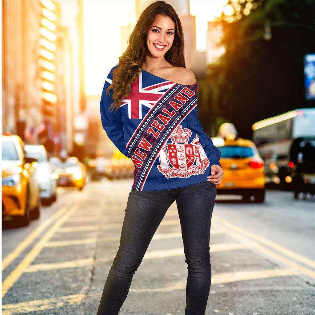 New Zealand Off Shoulder Sweatshirt Flag And Coat Of Arms