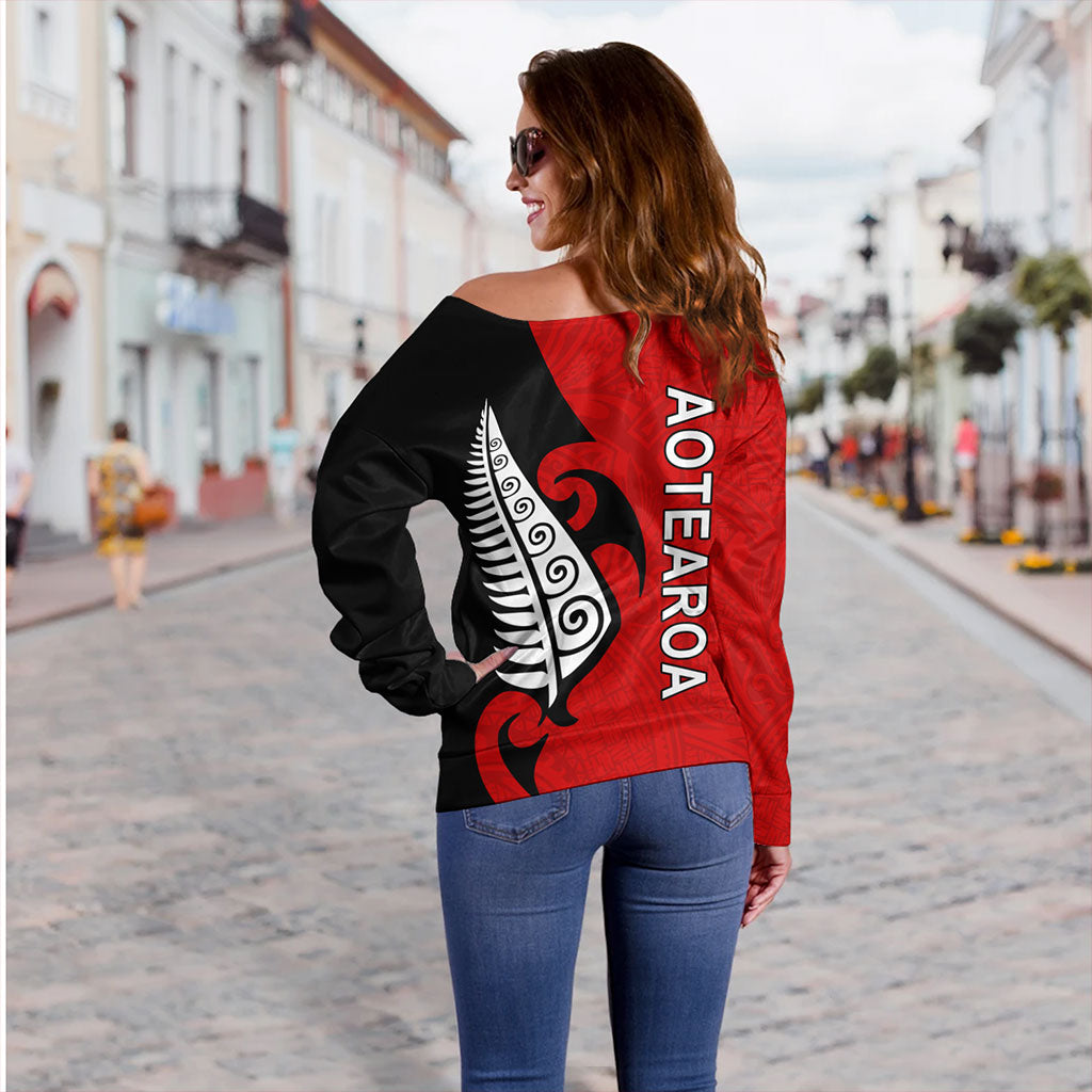 New Zealand Off Shoulder Sweatshirt Custom Aotearoa Silver Fern Koru Design