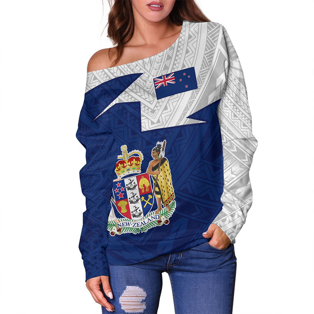 New Zealand Off Shoulder Sweatshirt Polynesian Tattoo Flag And Coat Of Arms