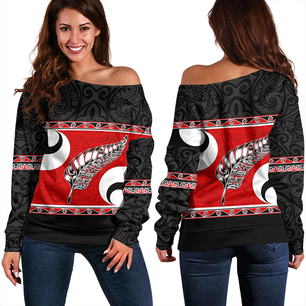 New Zealand Off Shoulder Sweatshirt Silver Fern Flag Style