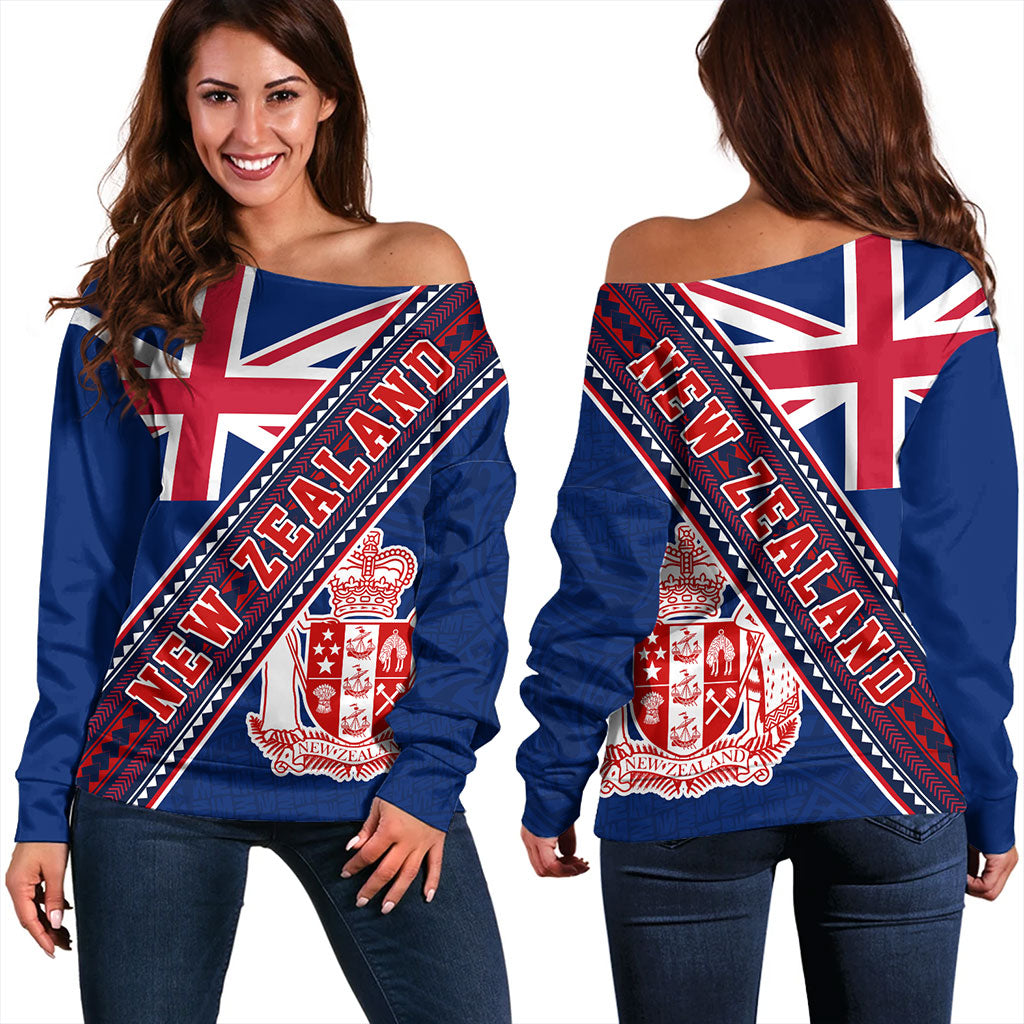New Zealand Off Shoulder Sweatshirt Flag And Coat Of Arms