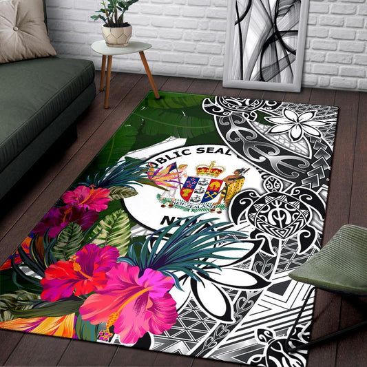 Niue Area Rug White - Turtle Plumeria Banana Leaf