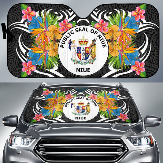 Niue Auto Sun Shades - Coat Of Arms With Tropical Flowers