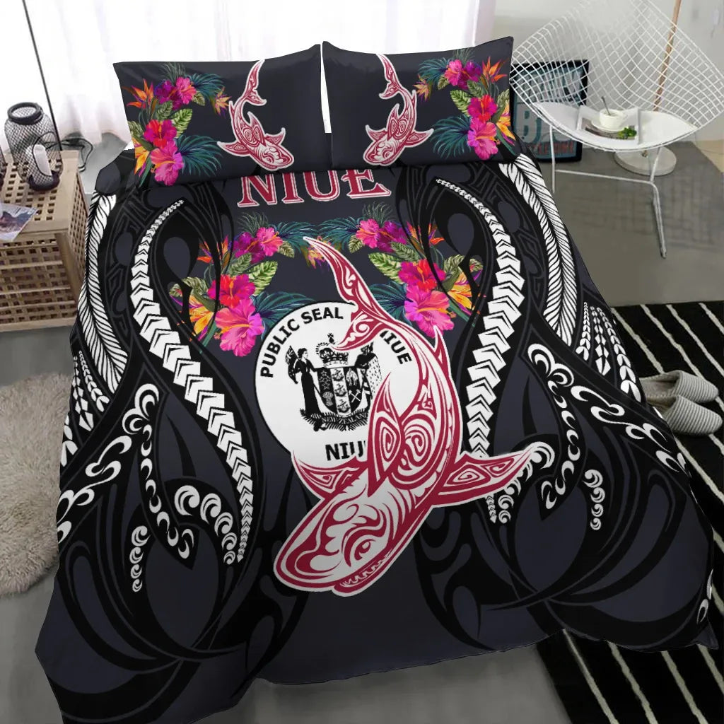 Niue Bedding Set - Polynesian Shark Hibiscus Flower