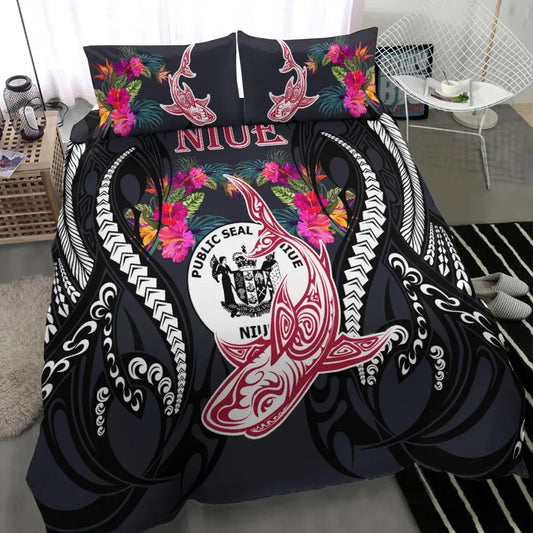Niue Bedding Set - Polynesian Shark Hibiscus Flower