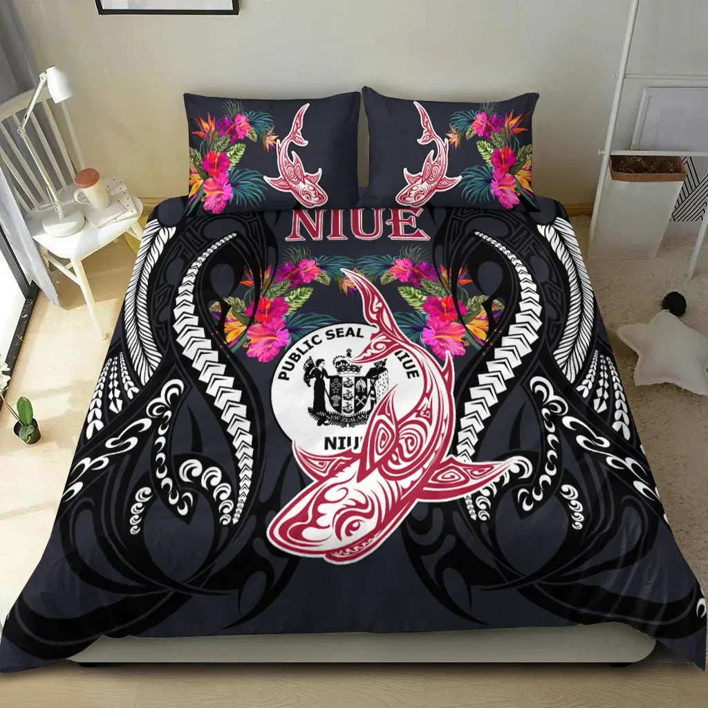 Niue Bedding Set - Polynesian Shark Hibiscus Flower