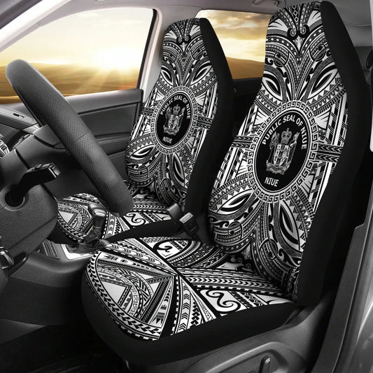 Niue Car Seat Cover - Niue Coat Of Arms Polynesian White Black