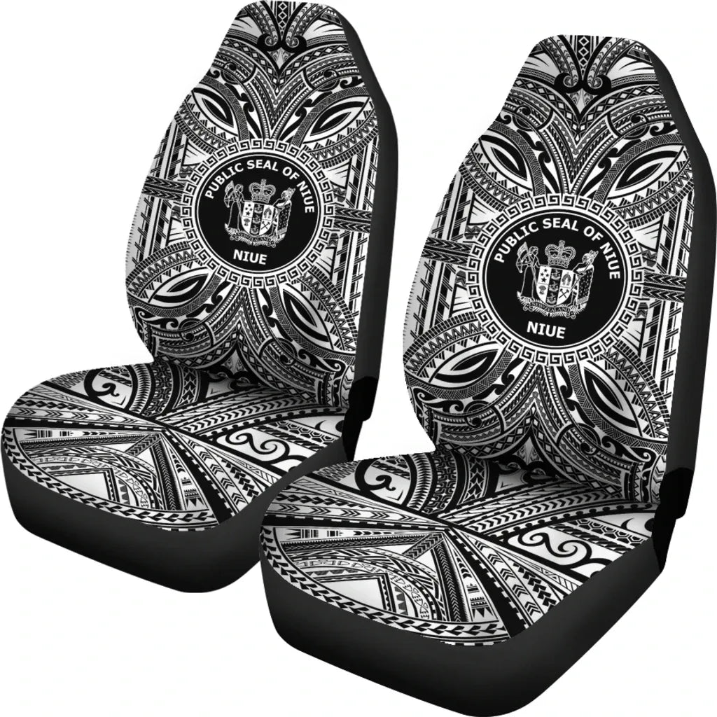 Niue Car Seat Cover - Niue Coat Of Arms Polynesian White Black
