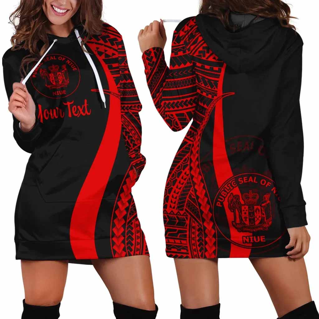 Niue Custom Personalised Hoodie Dress - Red Polynesian Tentacle Pattern