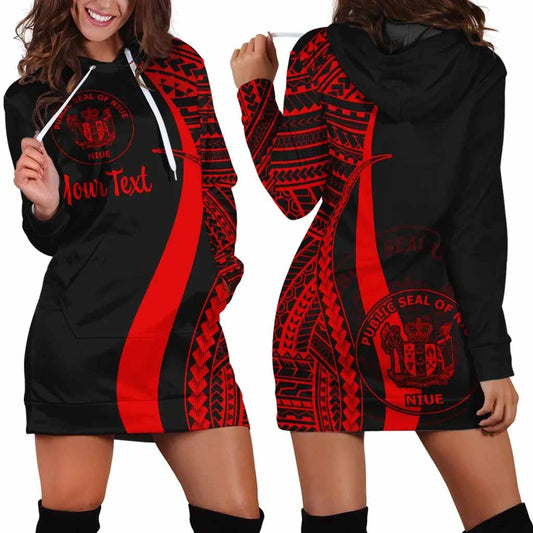 Niue Custom Personalised Hoodie Dress - Red Polynesian Tentacle Pattern