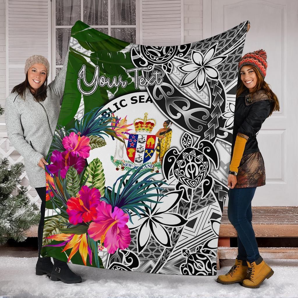 Niue Custom Personalised Premium Blanket White - Turtle Plumeria Banana Leaf