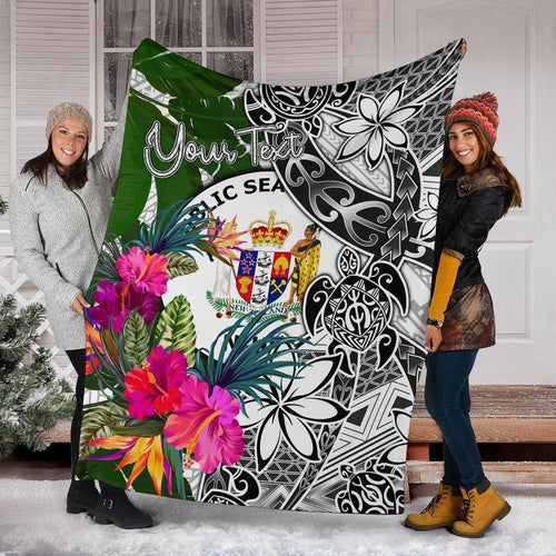 Niue Custom Personalised Premium Blanket White - Turtle Plumeria Banana Leaf