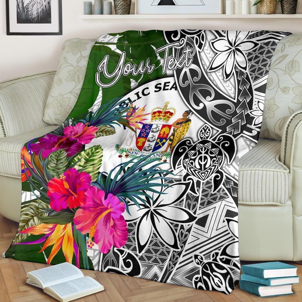Niue Custom Personalised Premium Blanket White - Turtle Plumeria Banana Leaf