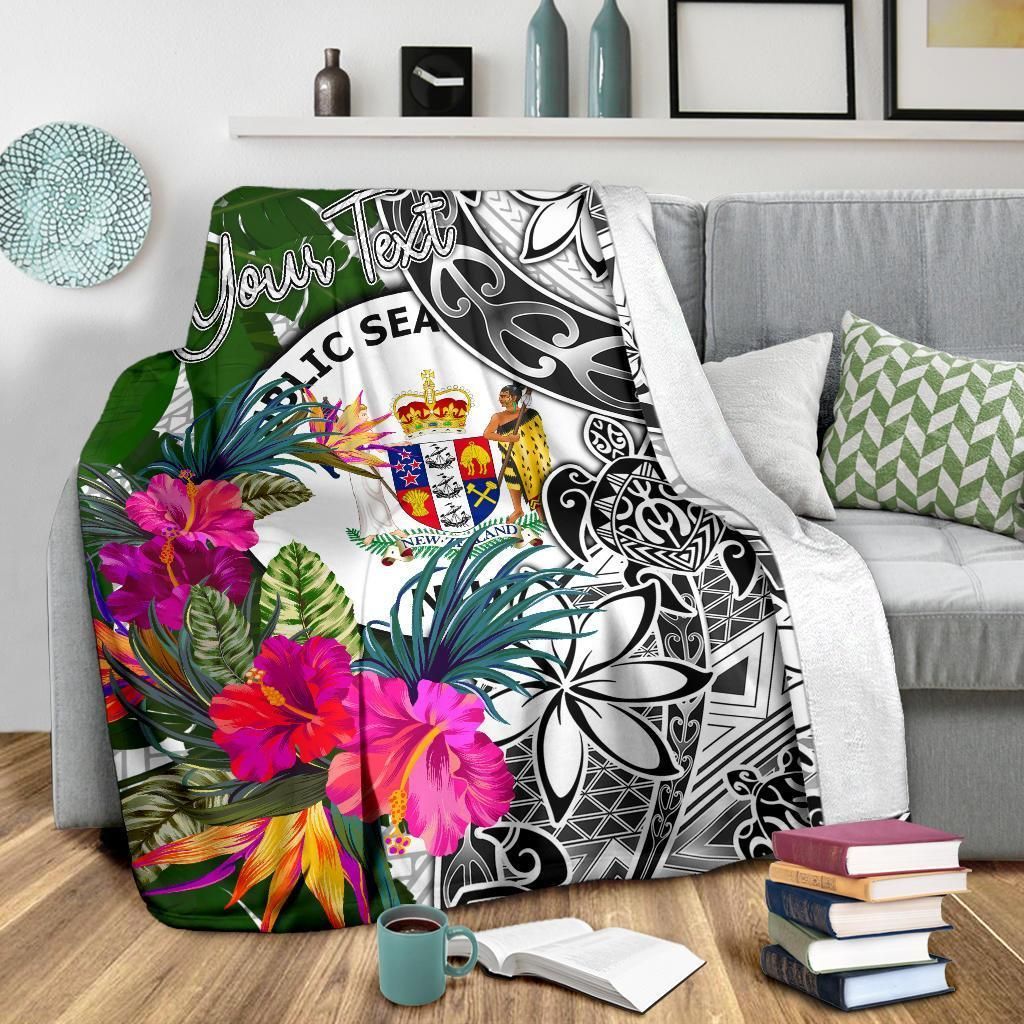 Niue Custom Personalised Premium Blanket White - Turtle Plumeria Banana Leaf