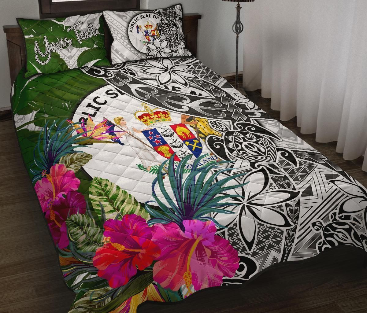 Niue Custom Personalised Quilt Bed Set White - Turtle Plumeria Banana Leaf