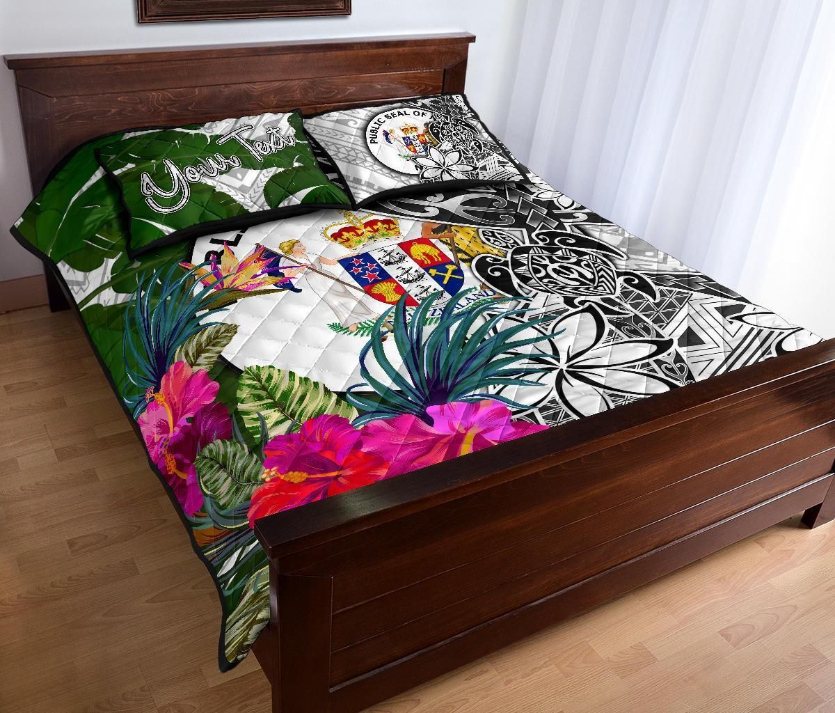 Niue Custom Personalised Quilt Bed Set White - Turtle Plumeria Banana Leaf