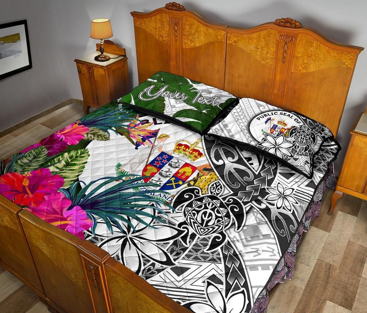 Niue Custom Personalised Quilt Bed Set White - Turtle Plumeria Banana Leaf