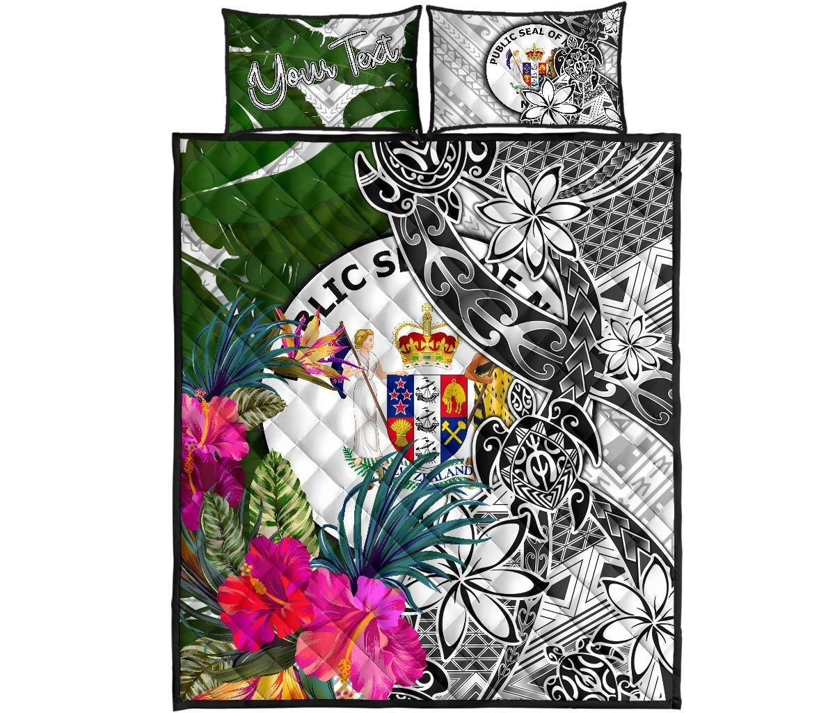 Niue Custom Personalised Quilt Bed Set White - Turtle Plumeria Banana Leaf