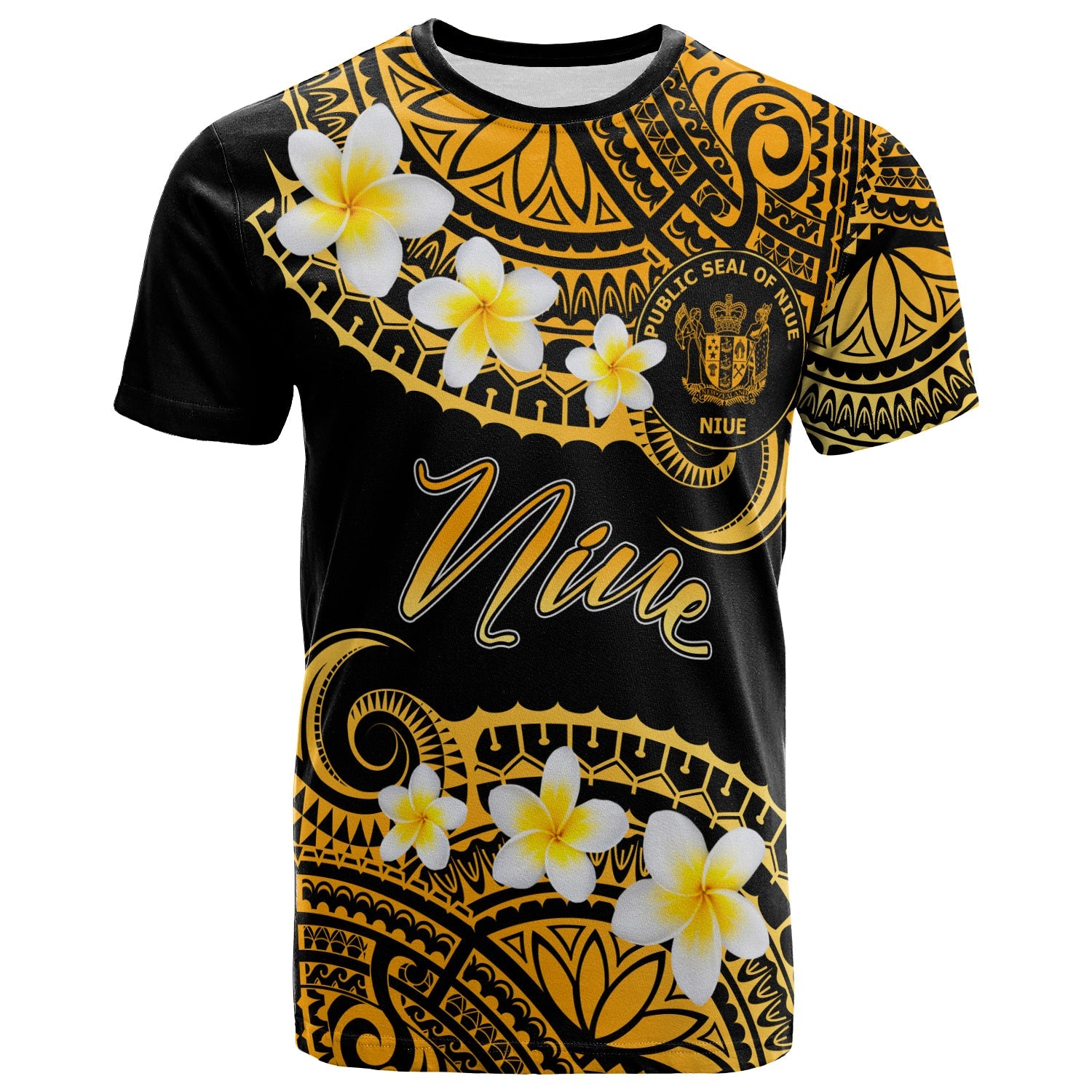 Niue Custom Personalised T-Shirt - Plumeria Polynesian Vibe Gold