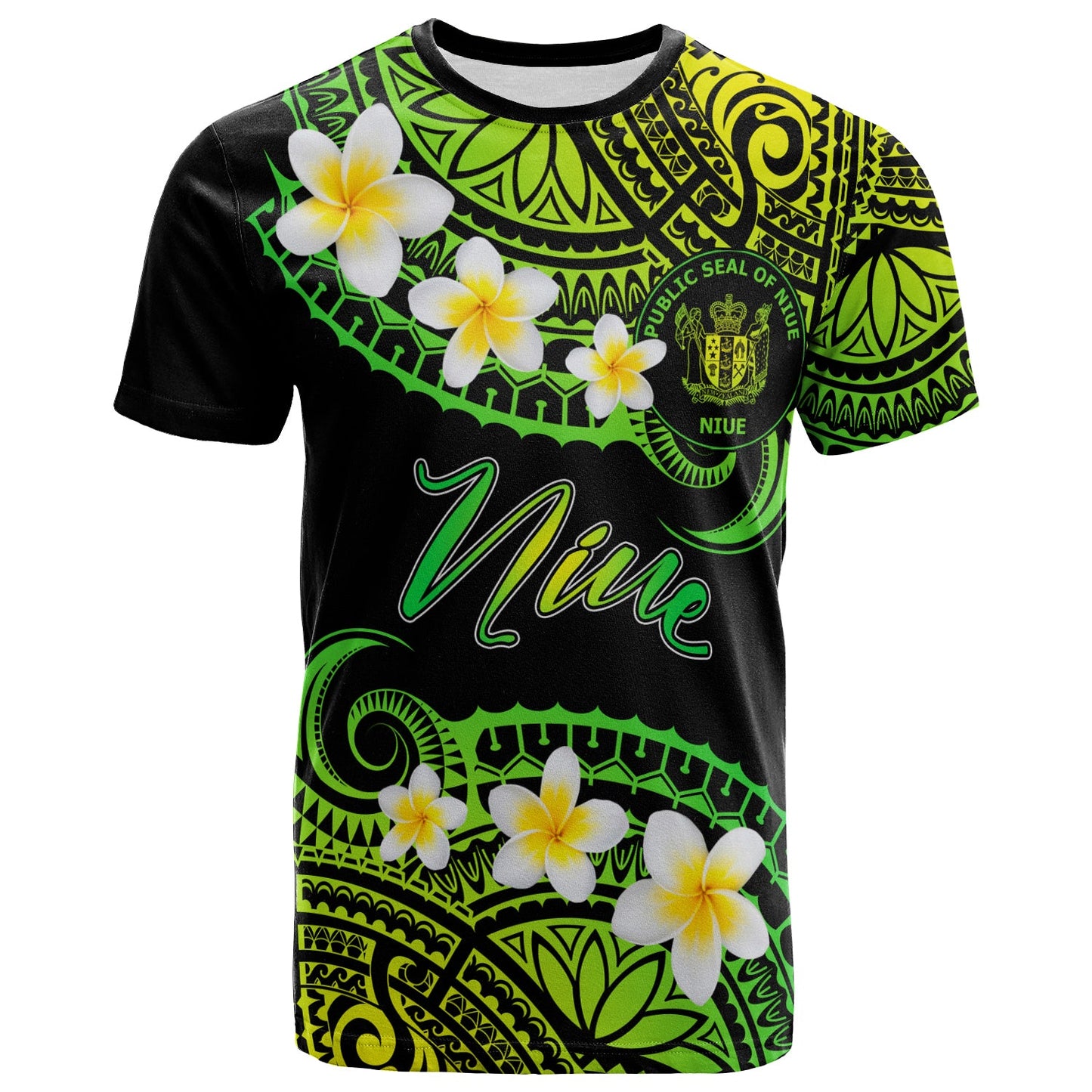 Niue Custom Personalised T-Shirt - Plumeria Polynesian Vibe Green