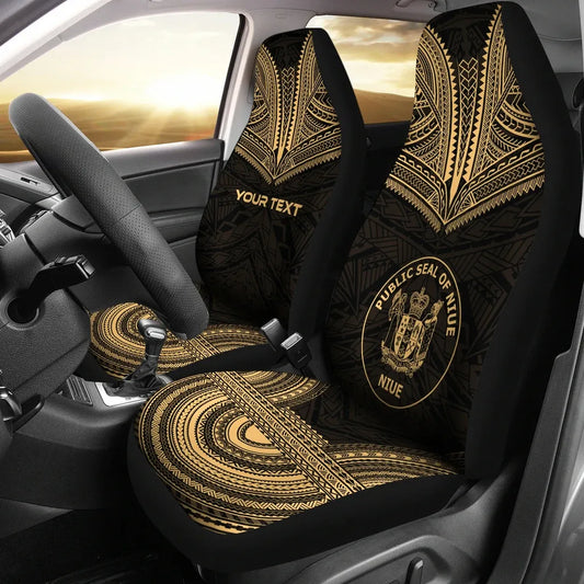 Niue Custom Personalised Car Seat Cover - Niue Seal Polynesian Chief Tattoo Gold Version