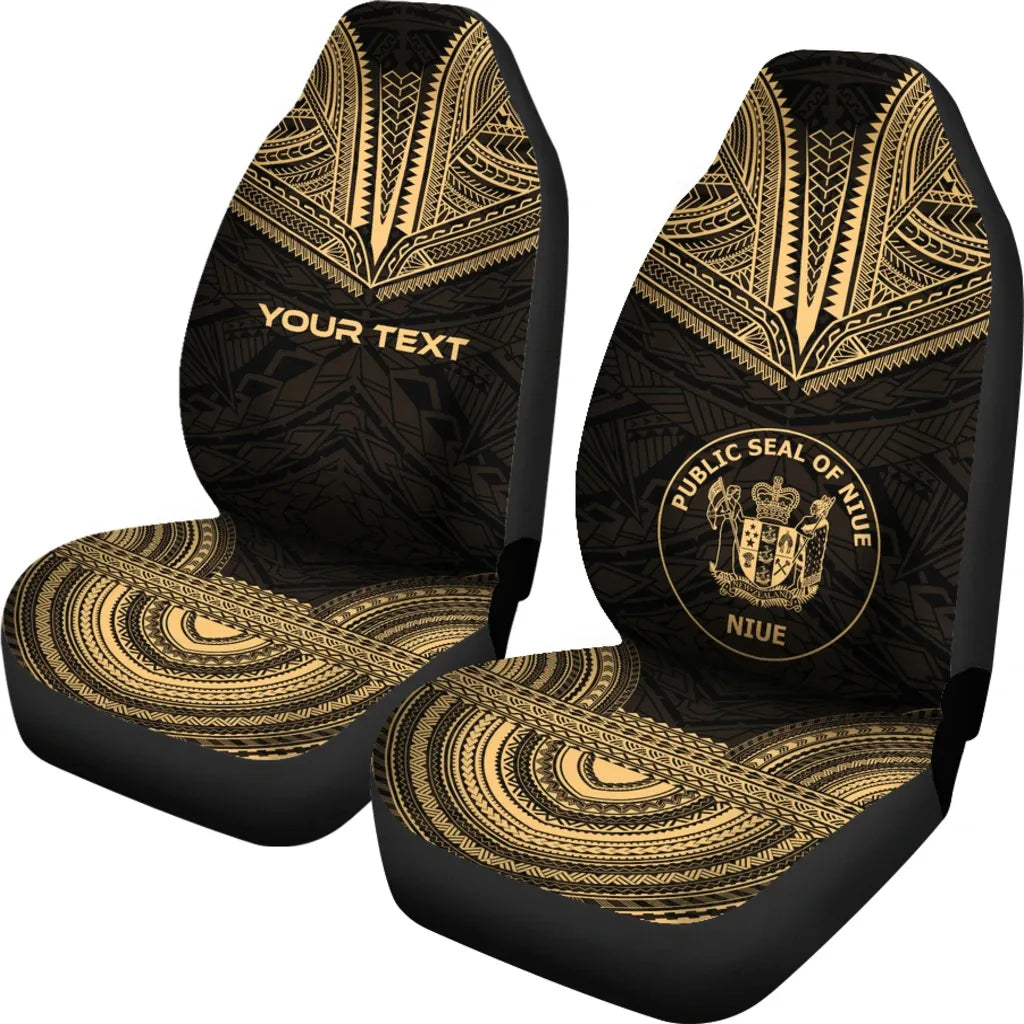 Niue Custom Personalised Car Seat Cover - Niue Seal Polynesian Chief Tattoo Gold Version