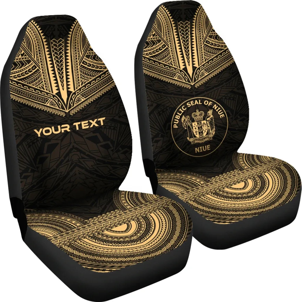 Niue Custom Personalised Car Seat Cover - Niue Seal Polynesian Chief Tattoo Gold Version