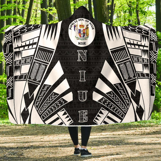 Niue Hooded Blanket - Polynesian Tattoo Black