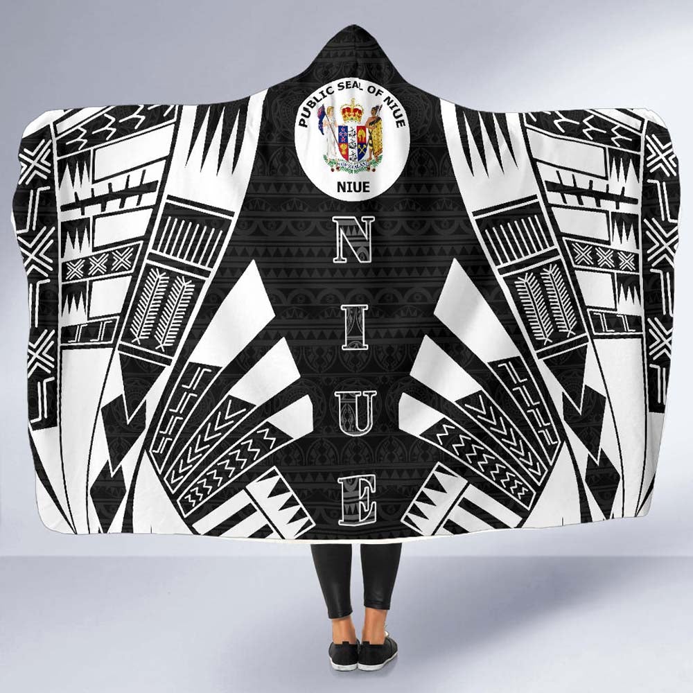 Niue Hooded Blanket - Polynesian Tattoo Black