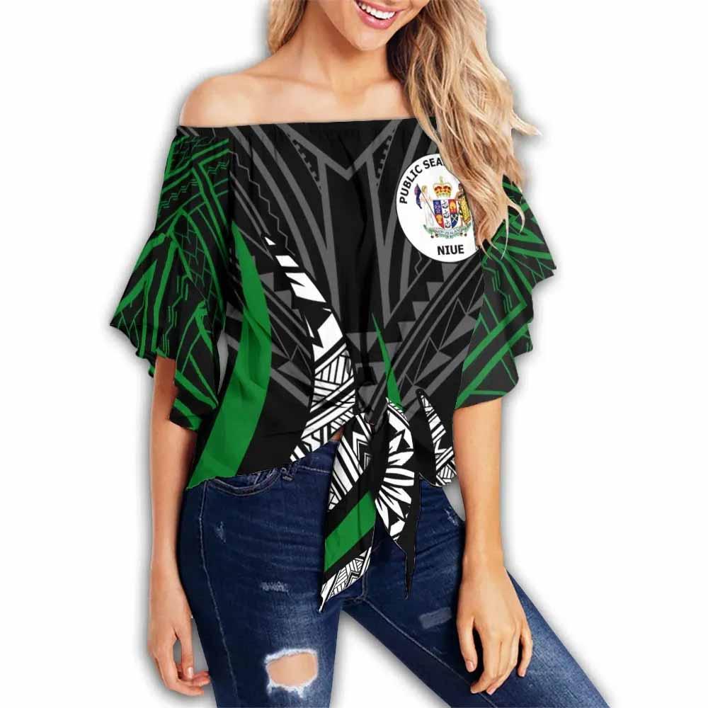 Niue Off Shoulder Wrap Waist Top - Strong Fire Pattern