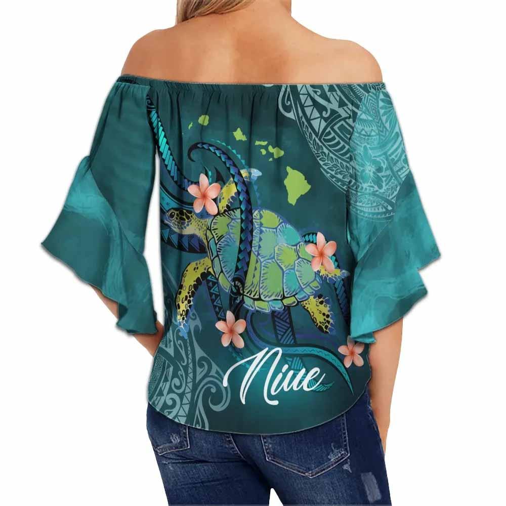 Niue Off Shoulder Wrap Waist Top - Turtle With Pattern
