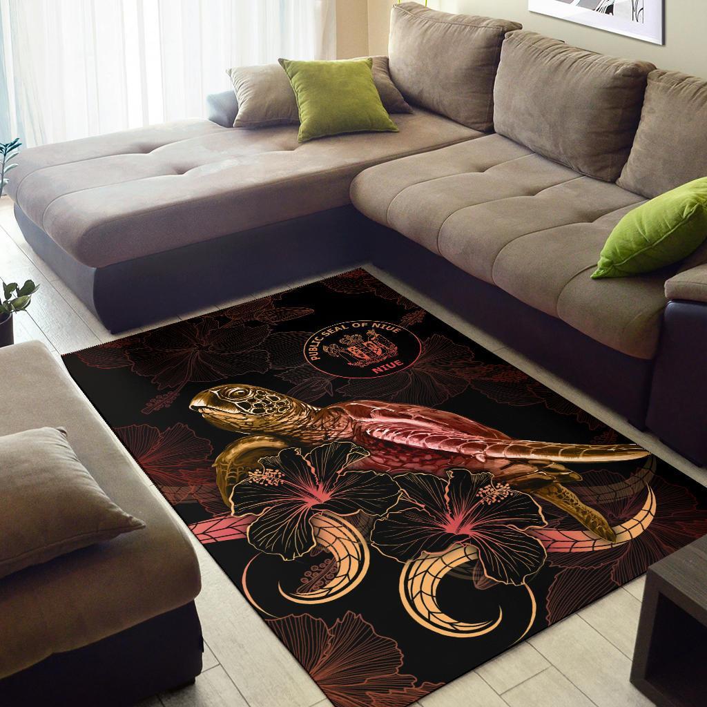 Niue Polynesian Area Rugs - Turtle With Blooming Hibiscus Gold