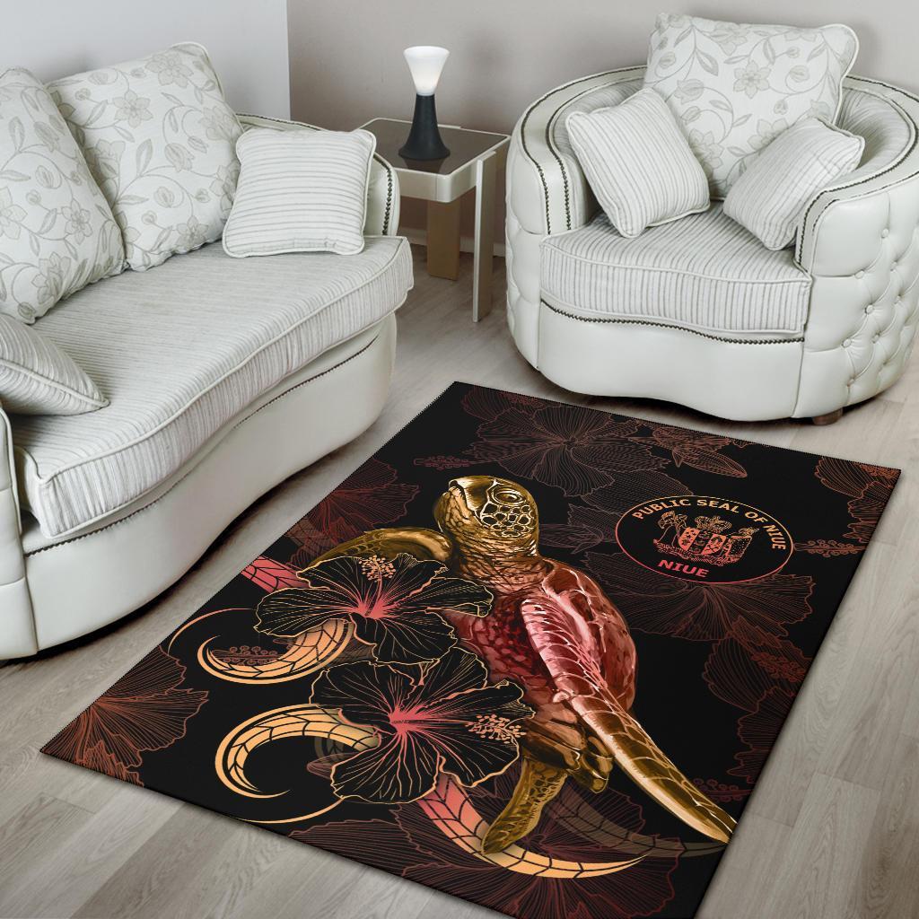 Niue Polynesian Area Rugs - Turtle With Blooming Hibiscus Gold