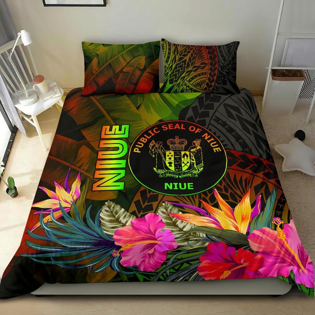 Niue Polynesian Bedding Set - Hibiscus And Banana Leaves
