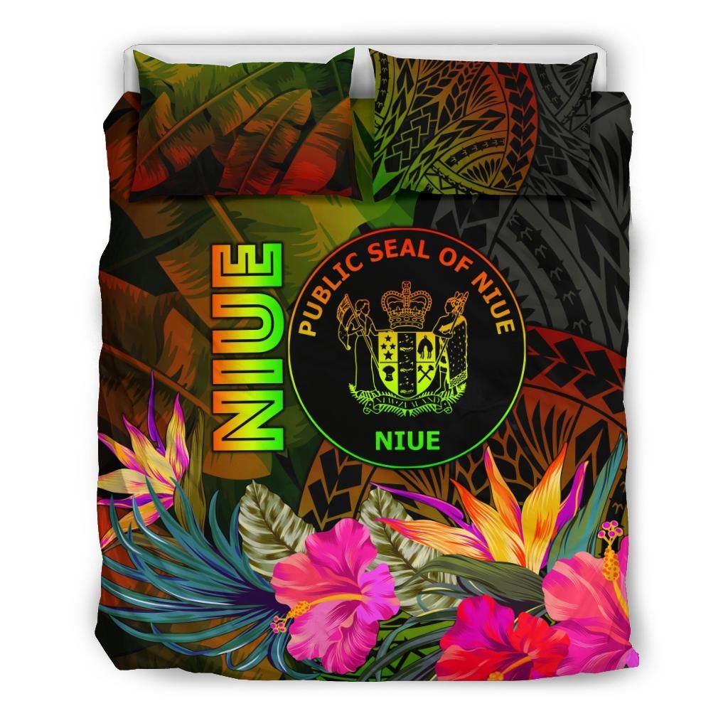 Niue Polynesian Bedding Set - Hibiscus And Banana Leaves