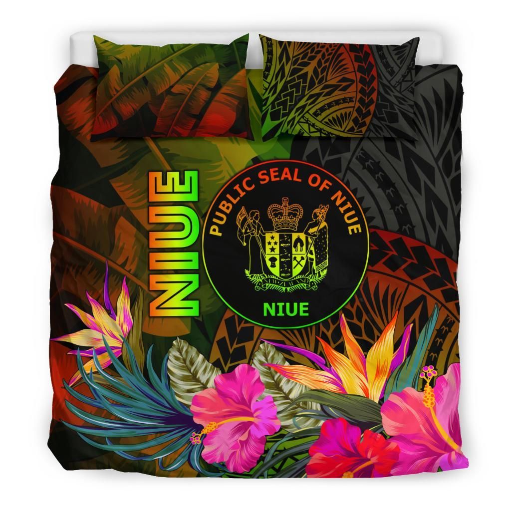 Niue Polynesian Bedding Set - Hibiscus And Banana Leaves